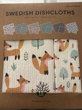 Fox Print Swedish Dishcloths - 12 Pack - Cream, Orange, Pink, Black, Green